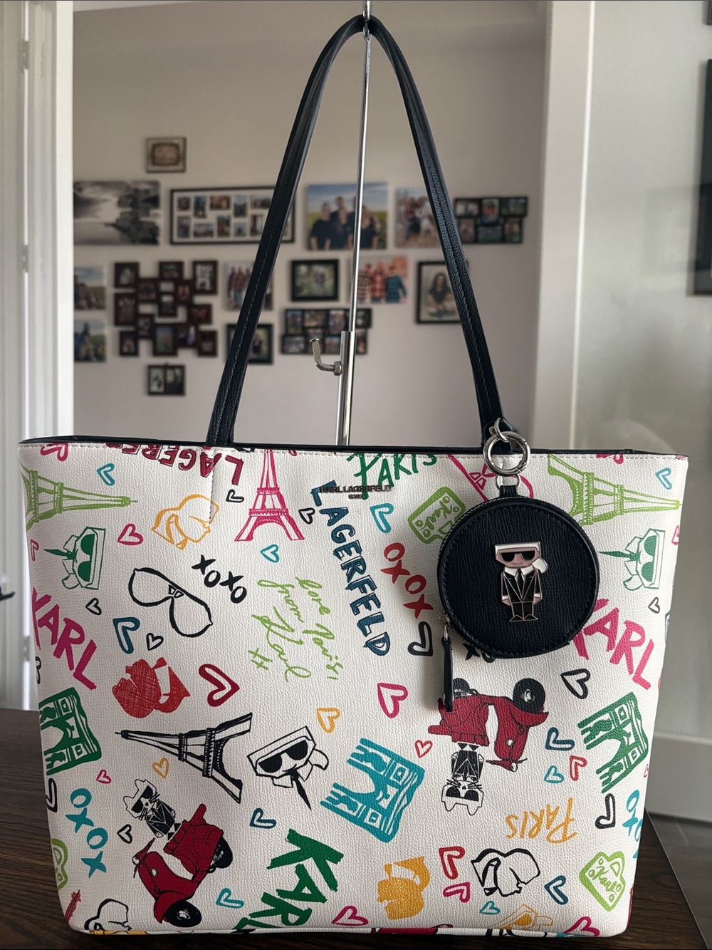 Karl Lagerfeld White Multicolor Paris Graffiti Graphic Tote w/ Logo Coin Pouch